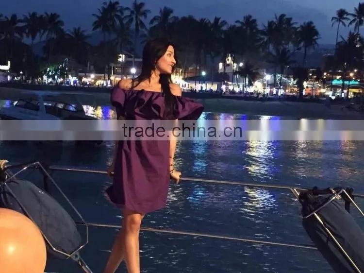 Ladies fashion half shoulder-off dresses lady's short butterfly sleeve dress for wholesale 2017