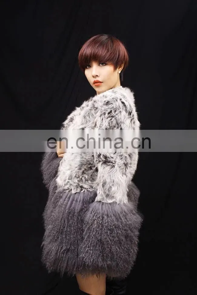Factory price lamb fur coat with mongolian lamb fur trimming for ladies