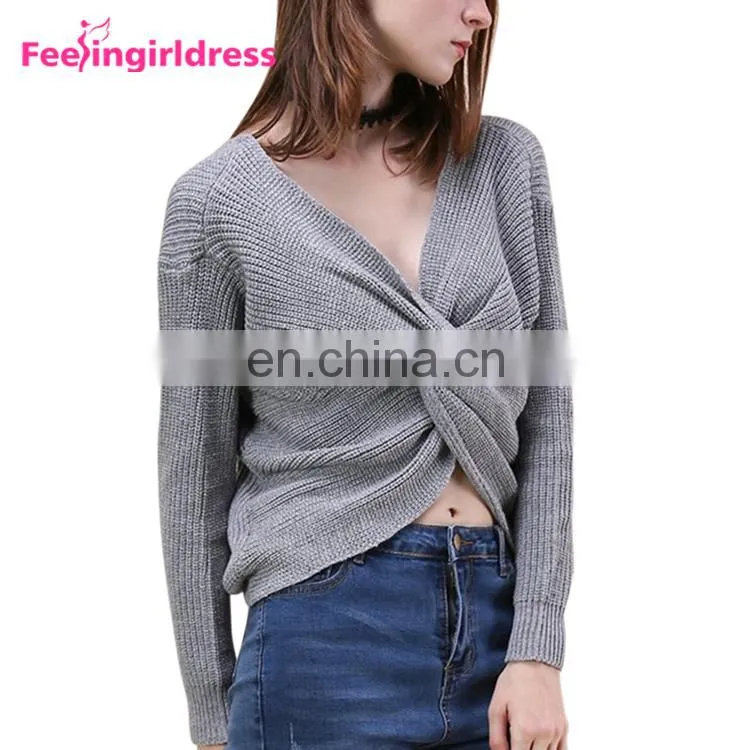 Custom Private Label Ladies Crop Top Long Sleeve Women Knitted Sweater