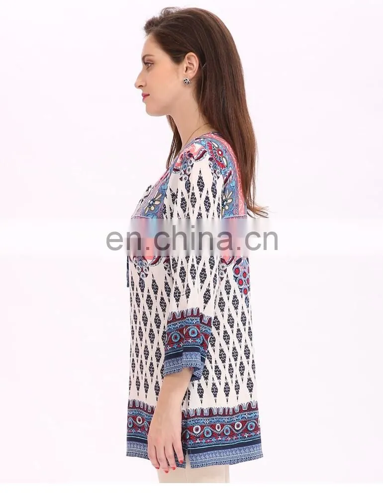 2017 Hot Selling In Stock Women Summer Boho Border Printed Tunic Tops