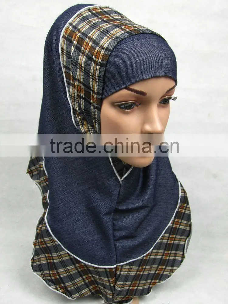 PT001 new Elastic Denim spring islamic scarf 2pcs hejab Two pieces muslim hijab