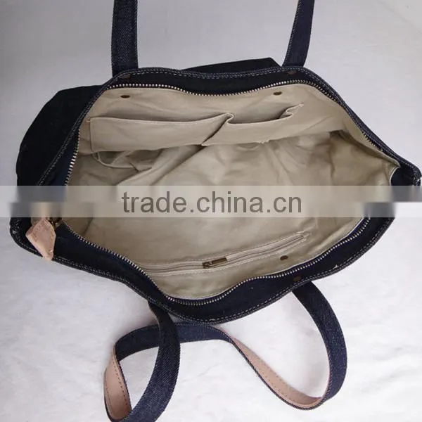 High Quality Navy Denim Bag Denim Tote Bag With Leather Trim