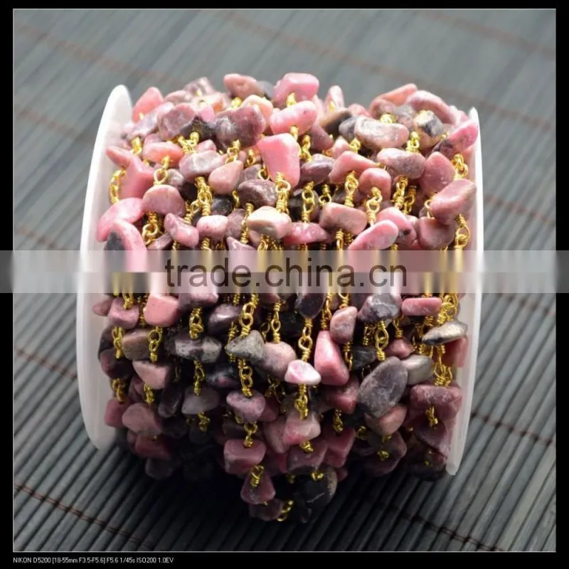 LFD-0011C ~ Wholesale Gold Plated Wire Wrapped Freeform Stone Chips Chain Gem Stone Beaded Chain DIY Jewelry Finding