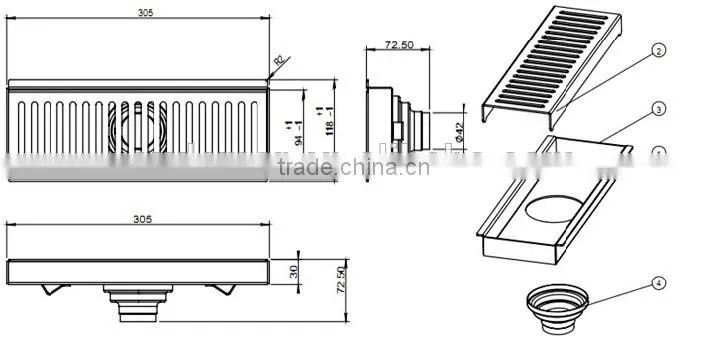 Audemar 2MM Thickness 300mm Lengh Rectangular Floor Drain For Wet Areas
