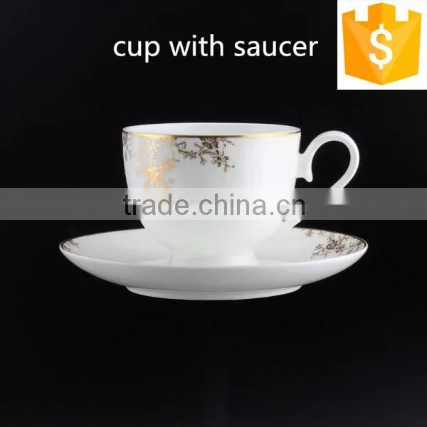 Round Shape Fine Bone China With Golden Flower Decal 200ml Cup with Saucer