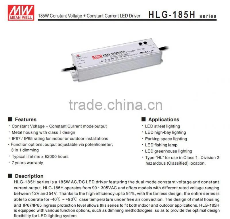 UL CE TUV EMC approved Meanwell HLG-185H-48A 185w 48v 3 in 1 dimming 1-10v pwm dimmable led driver