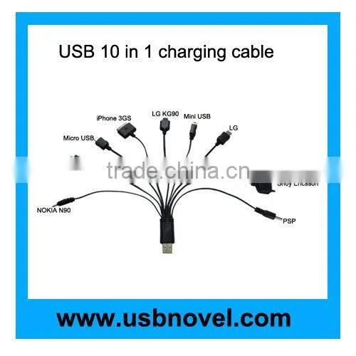 10 in 1 Universal USB Charger Cable Car charger& Travel charger for mobile phone, MP3 MP4