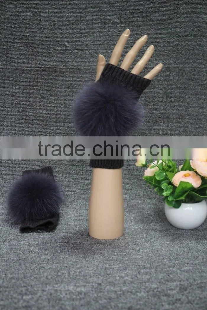 Factory price women's leather gloves with rex rabbit fur/black gloves