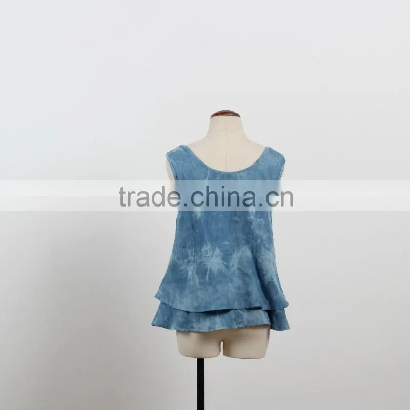 OEM Custom designs denim shirt with lace sleeveless causal girl woman top in Guangzhou