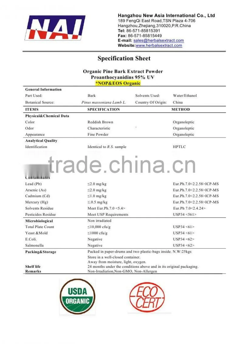 Organic Pine Bark Extract Powder,NOP EOS Organic,100% ID,Non-Irradiation,Low Contaminants of Aflatoxin,PAHs,Heavy Metal