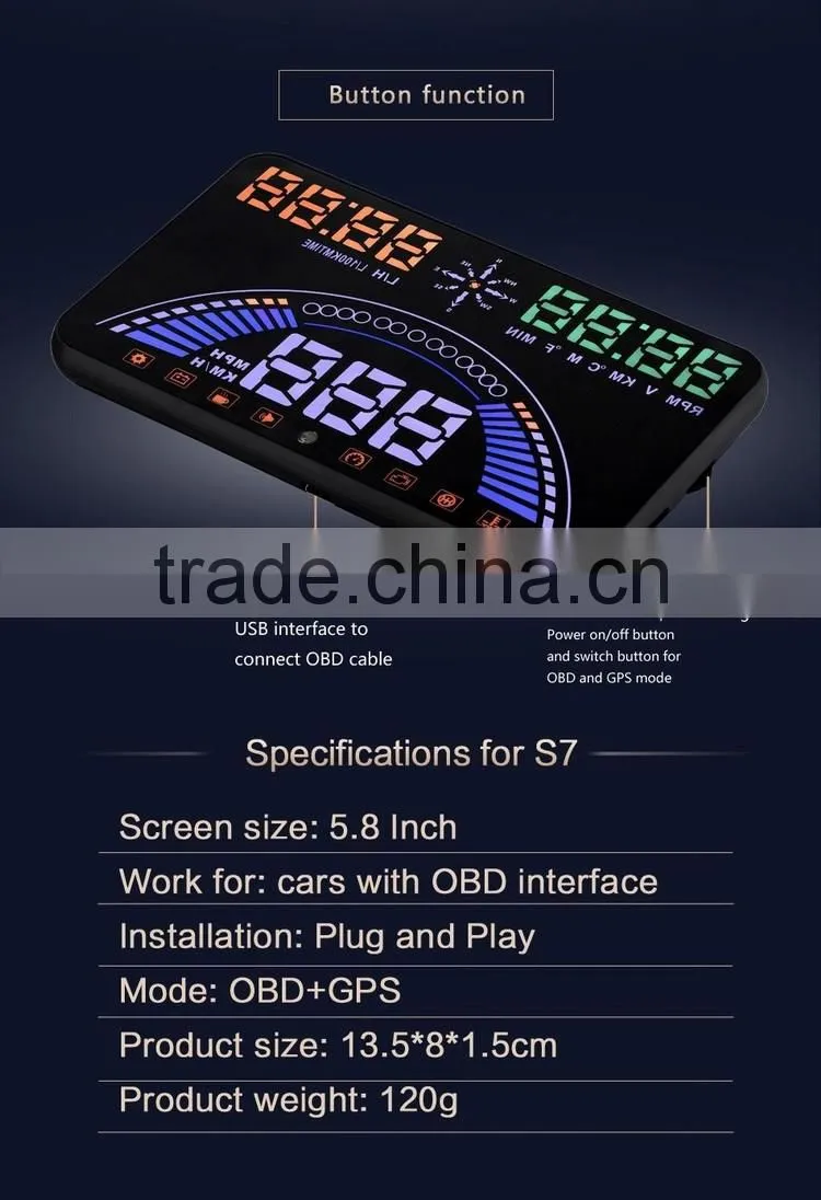 5.8 Inch Screen Hud S7 GPS hud for Car with speed and overspeed