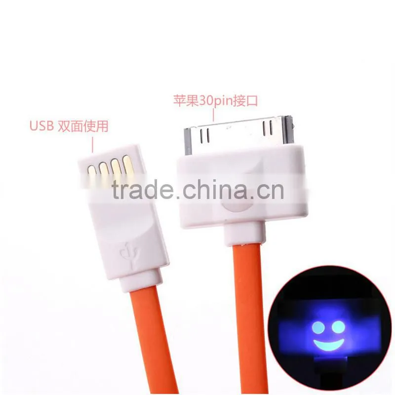 1m LED USB Cable Micro USB Cable With Led Light for iPhone Smile Face USB data charging cable charger lines for iphone 4 4s