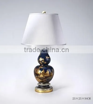 Antique Wood Carved Vase Shaped Table Lamp With Shade, Wooden Desk Lamp Painting With Sexy Leopard, Home Decorative Art & Crafts