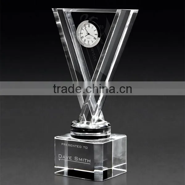 2016 personalized clear optical crystal with silver clock awards