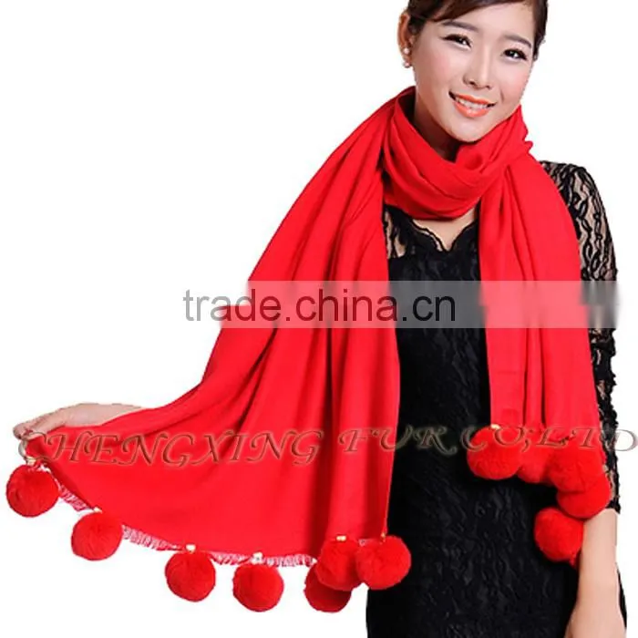 CX-B-P-42E Fur Ball Decora Fashion Women Cashmere Shawl