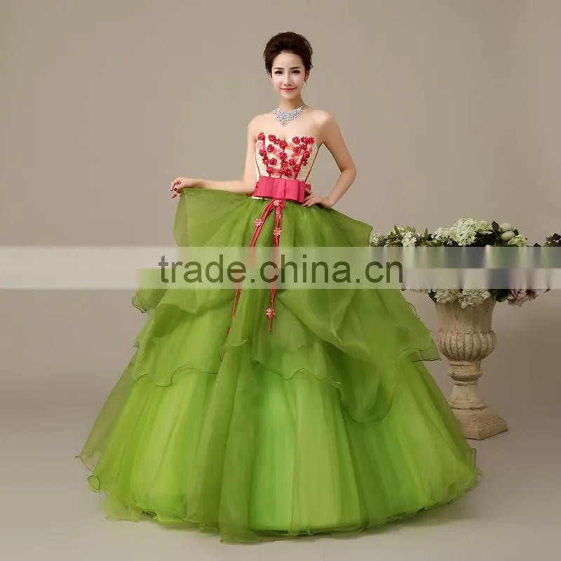 MGOO Factory Custom Made One Piece Cheap Price Prom Dress Strapless Flowers Ball Gown Maxi Dress L000110