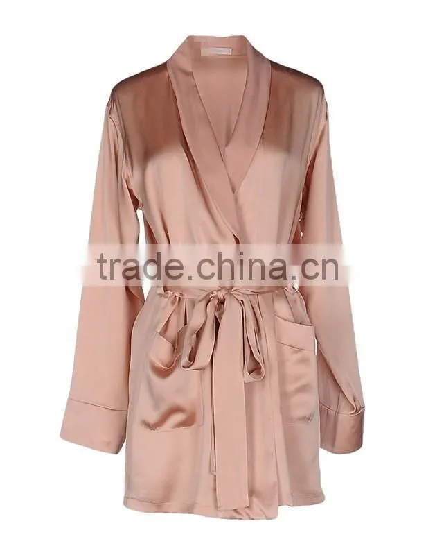 Customize ladies luxury silk long sleeve dressing gown, lapel collar, knee length gown robe