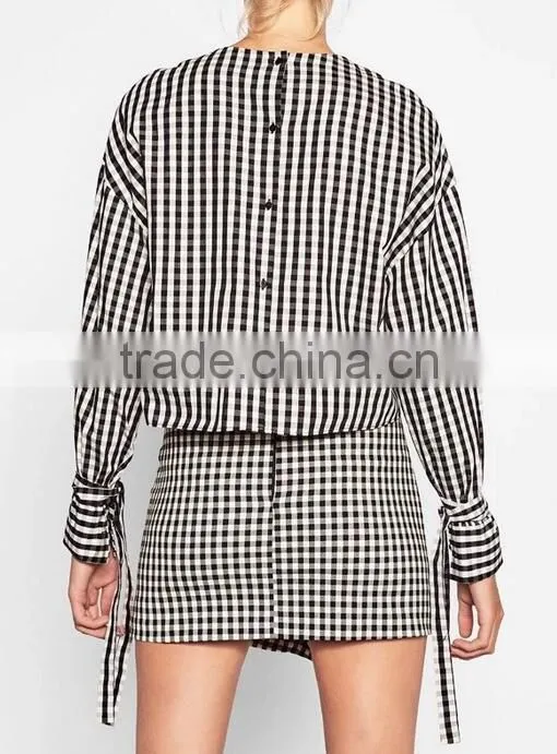 Runwaylover EY2333B Europe Style 2017 Women Fashion Flare Sleeve Plaid Blouse