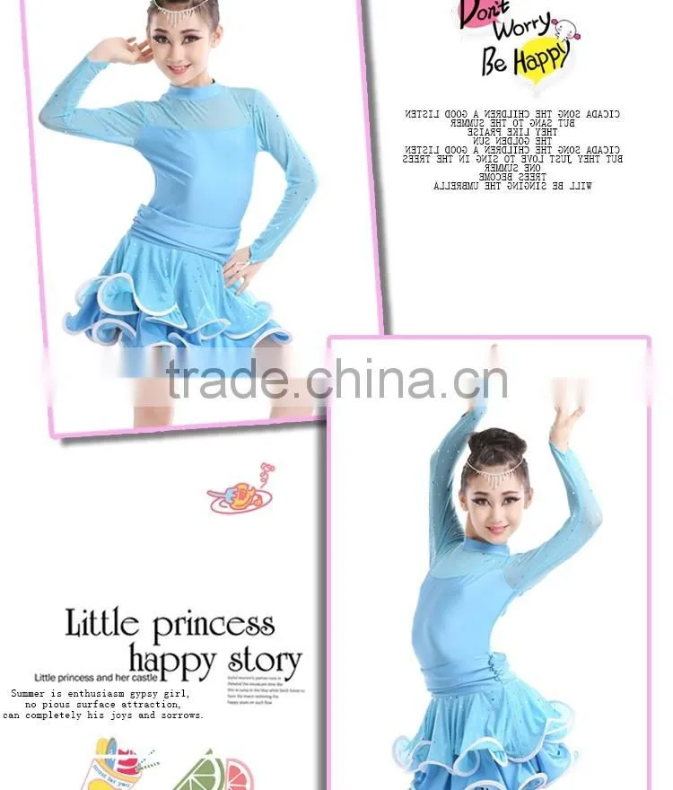 2016 New Fashion Girls High Neck Long Sleeve Performance Dress Child Kids Rhinstone Sequin Mesh Sexy Latin Dance Dress