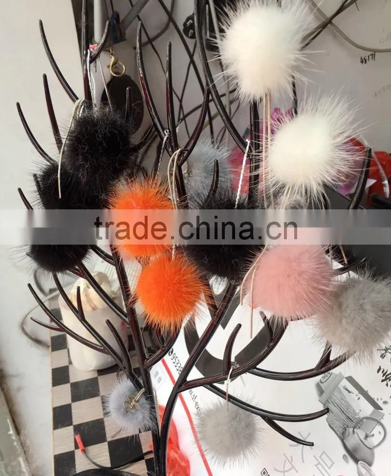 YR1022 Fashion Earrings Mink Fur Pom Pom and Silver Ear Pendants