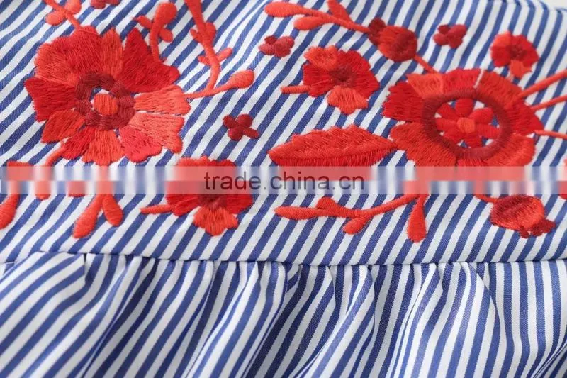 High quality Womens 100% Cotton Long sleeve Embroidery Strip Shirt