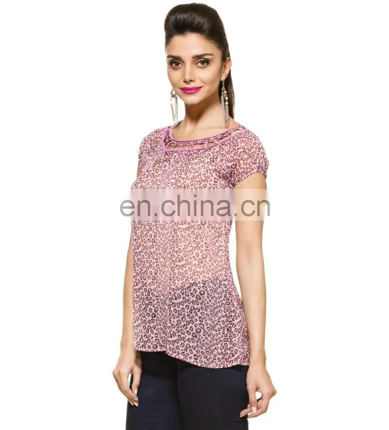2015 Latest Animal Print Kaftan For Ladies And Girls Pink Animal Printed Georgette Top