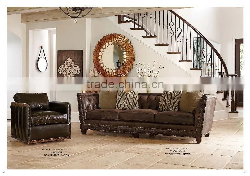 Tradition American living room furniture sectional leather sofa and gold round mirror