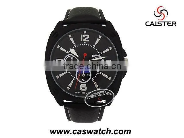 fashion custom chronometer big size face watches for men cheap PU leather promotion quartz watch gun plated alloy metal watch