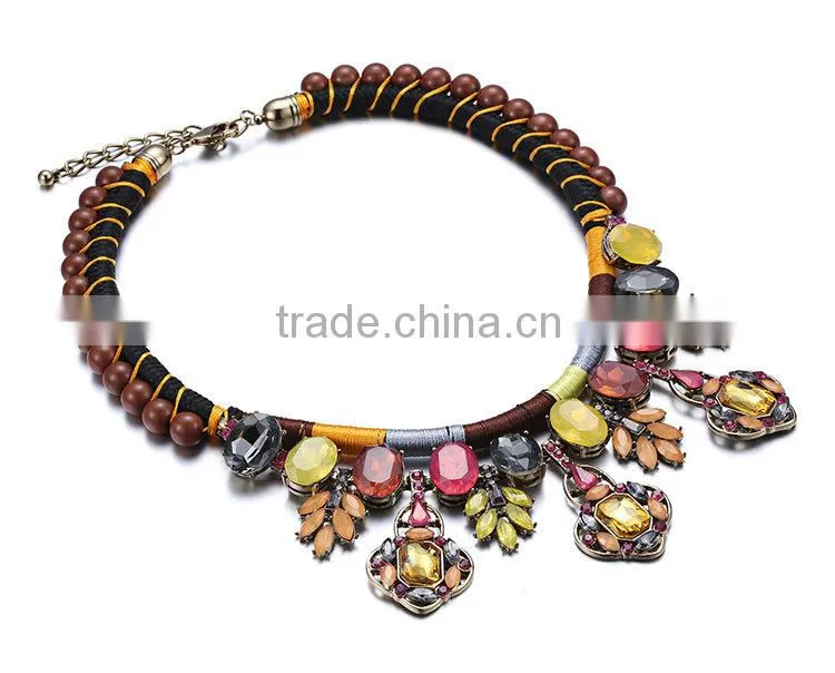 Handmade necklace rope chain colorful crystal pendantethnic necklace 2015 luxury crystal inlaid bijoux femme NL13562