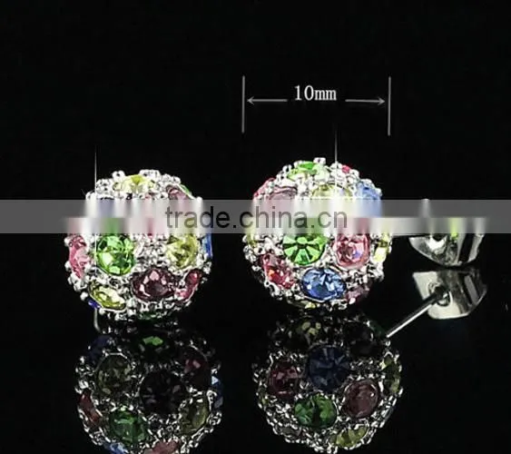 18k gold crystal color stud ball earrings