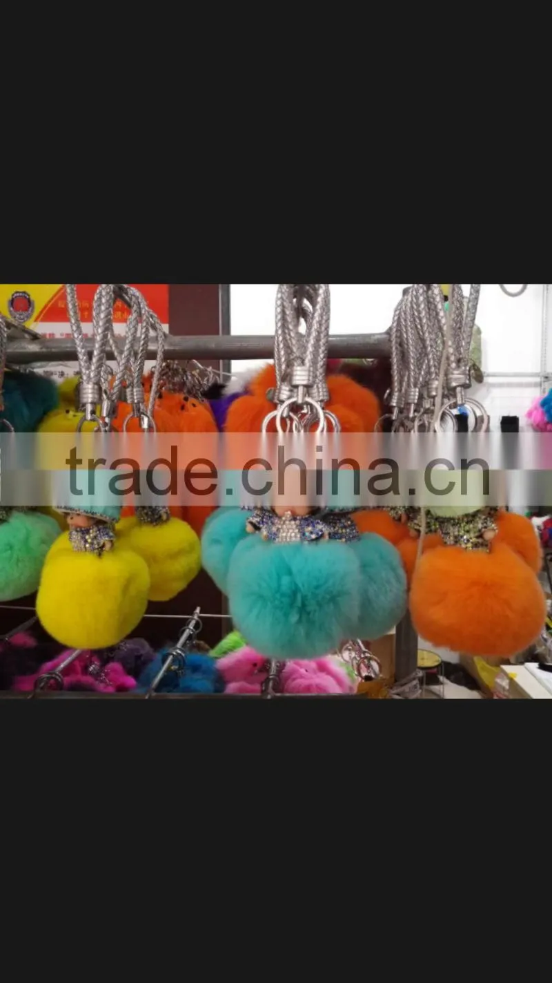 Hot selling rabbit fur accessories monchhichi leather keychain fur pompoms