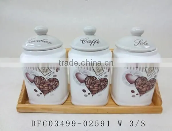 Wheat and Dasiy Decal Ceramic Tea Coffee Sugar canister Set with Wooden Stand