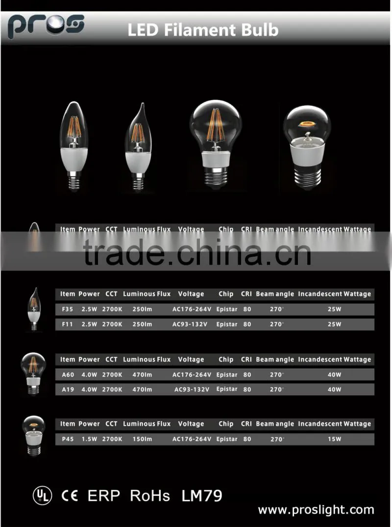 candle shape warm white 400lm 2.5w E14 led bulb filament