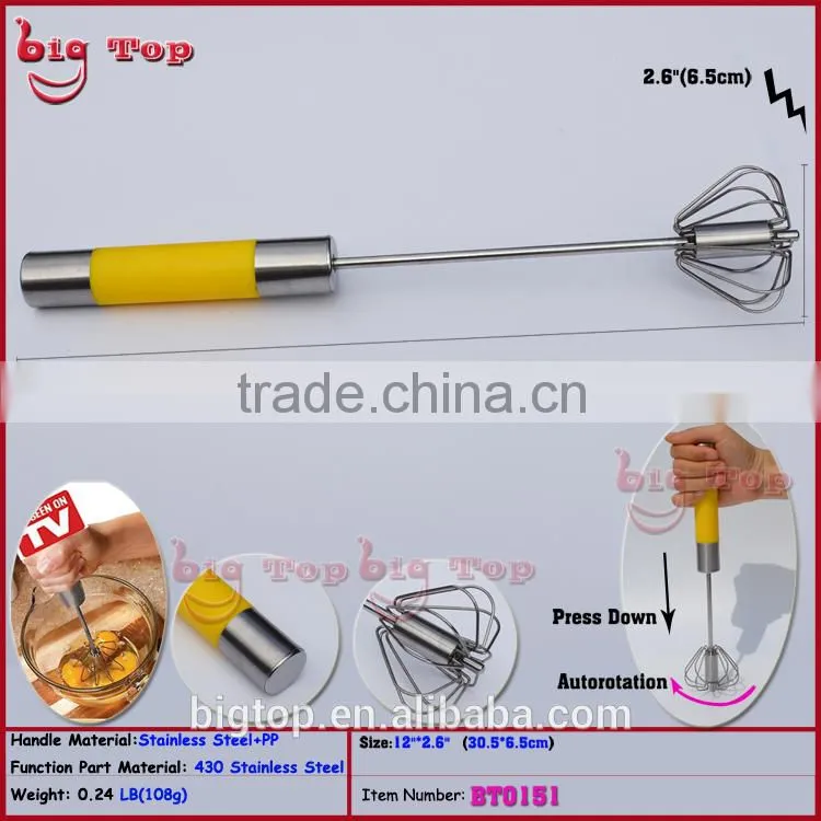 BT0151 12" Rotating Whisk with PP Handle 12" Revolve Egg Better With 430 Stainless Steel Function Part 12" Rotary Egg Whisk