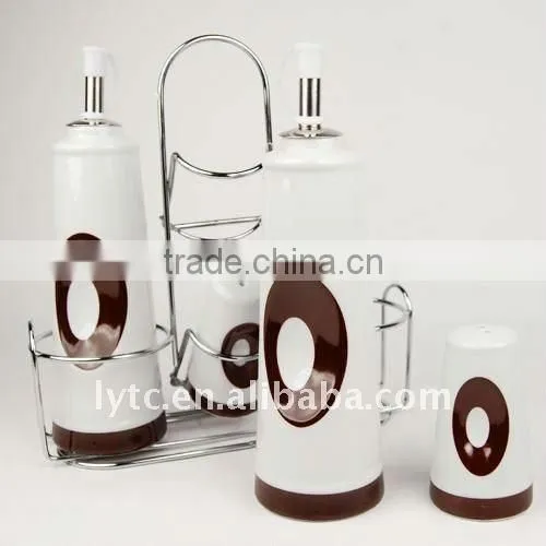 4PCS ceramic salt & oil vinegar bottle with metal stand,ceramic spice jar, ceramic seasoning pot