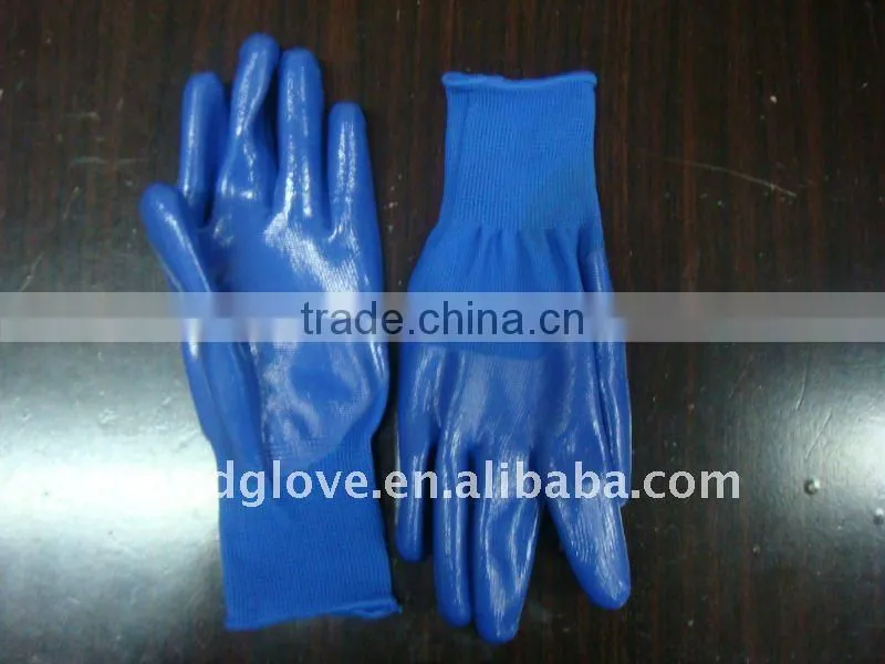 Nitirle gloves. 13G blue nylon with blue nitirle coating ,knitt wrist open back .