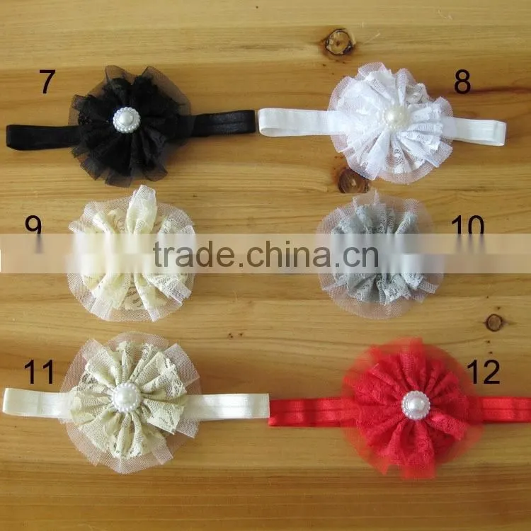 lace flower headband with pearl rhinestone in center for kids hair accessories