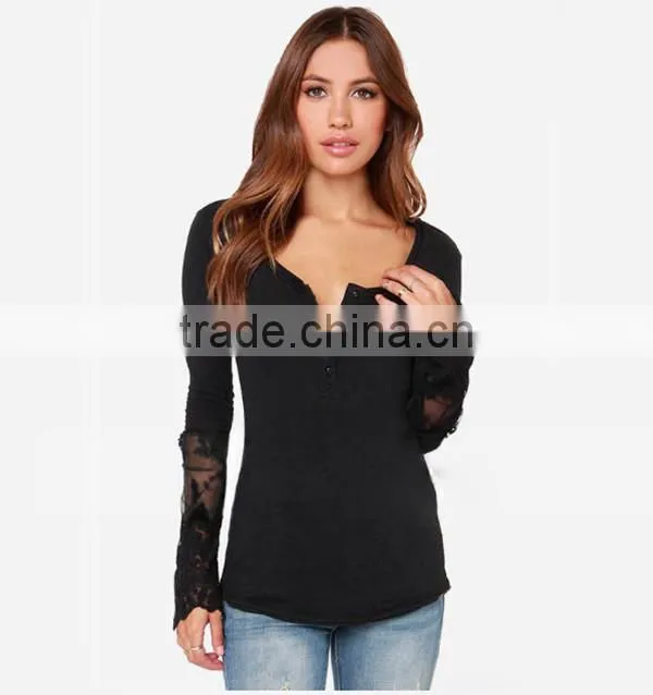 Classical black and white solid Dovetail split Net yarn splicing knitting Slim soft t shirt thin women