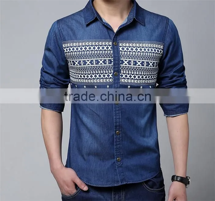 2016 New design men printed washed denim casual shirt , cowboy shirt
