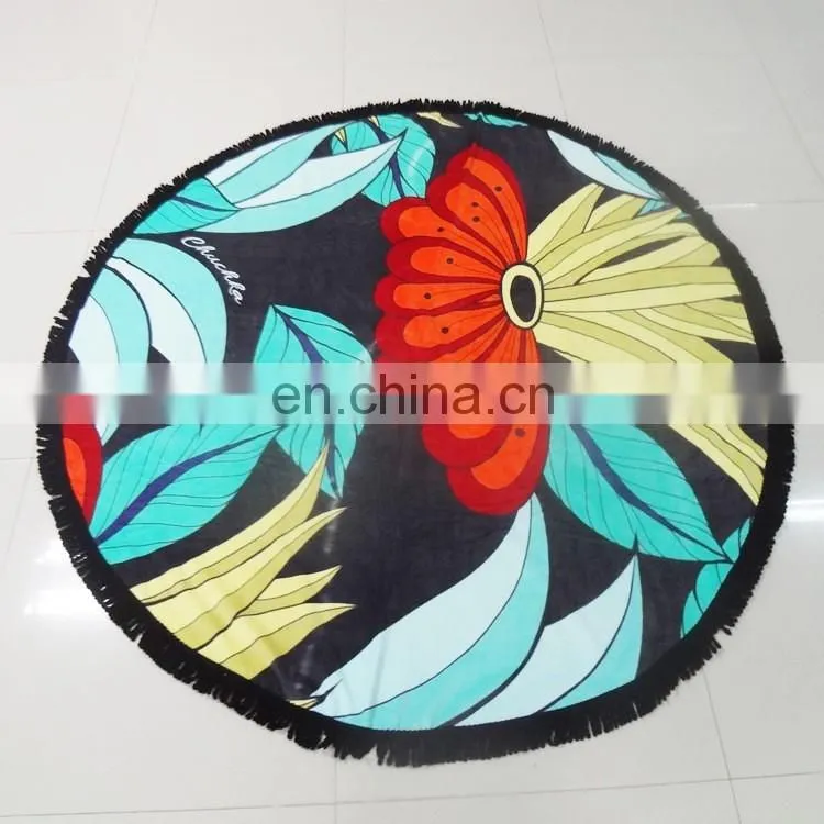 Printed velour %100 cotton round beach towel with polyester fringes