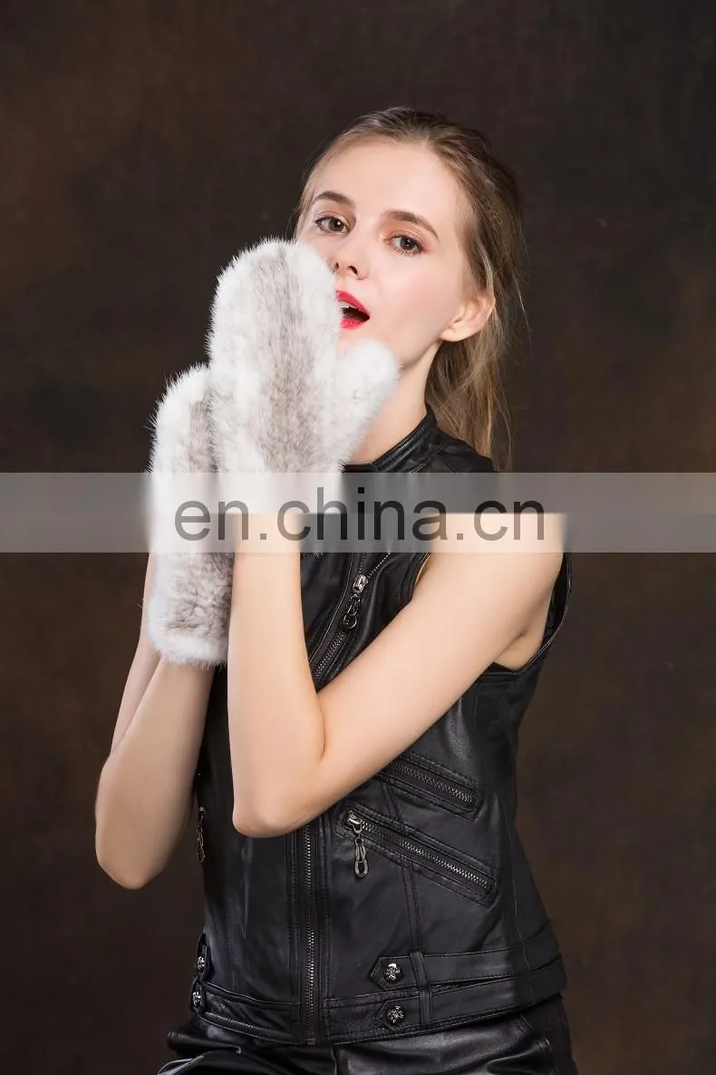 Lady Cute New Product Real Mink Fur Knitting Fingerless Gloves Fashion Fur Cuffs Gloves