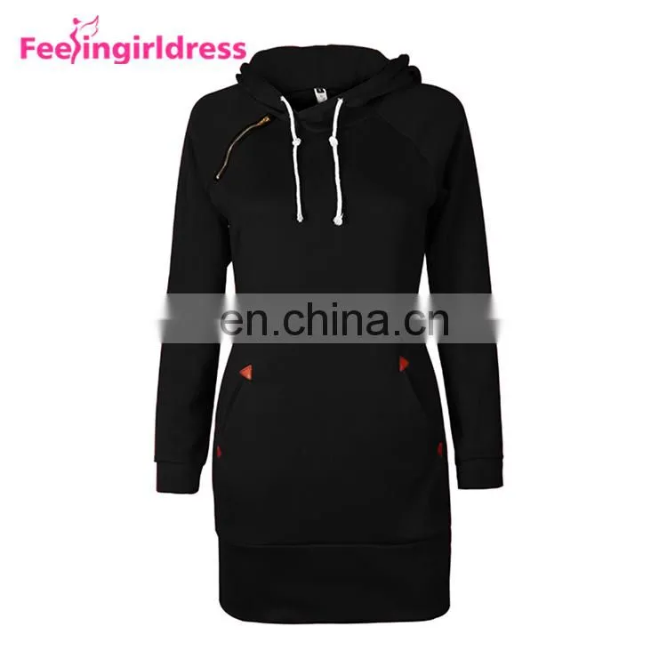 Fashion Plain Long Sleeve Slit Pullover Hoodie Women Winter Dress