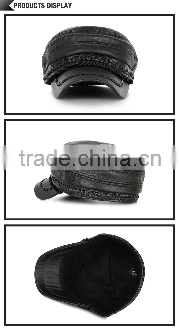 Blank Plain Black European Simple Style Flat-Top Outdoor PU Leather Military Style Caps