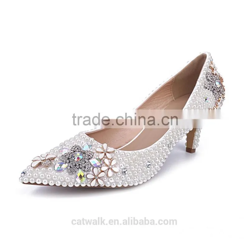 Pearl beaded pointed toe low heels diamond&flower embelished oem designer heels women wedding dress shoes