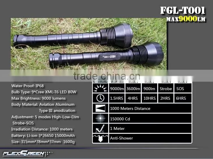 Flexgreen 80w 8000lm high bright XML T6 9 led flashlight