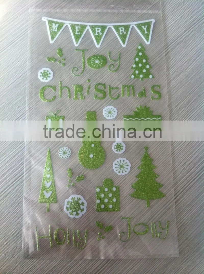 M-P007 Merry Christmas glitter pvc sticker, 5d home decor pvc wall sticker,custom pvc sticker paper