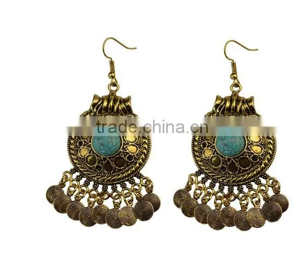 2016 Bohemian Fringed Leaves Tassels Vintage Turquoise Earrings