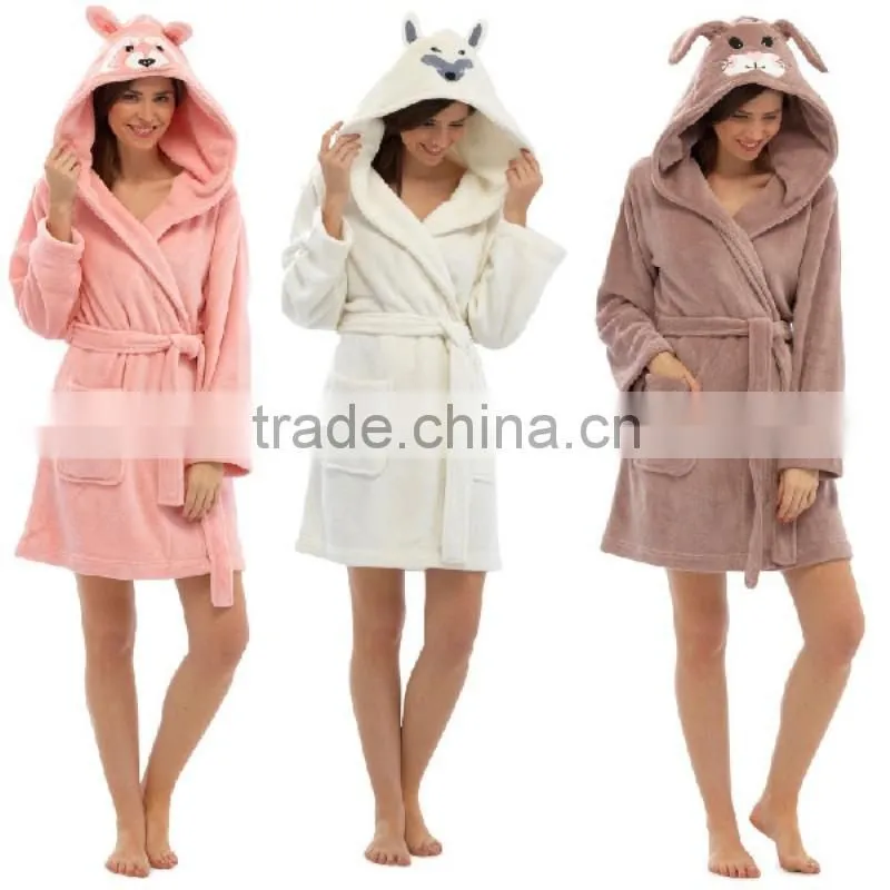 Ladies Dressing Gown Hooded Fleece Robe with Embroidered Animal Ears