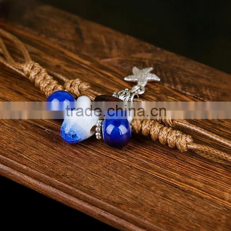 Handmade Vintage Porcelain Beads Bracelet Leather Woven Bracelets