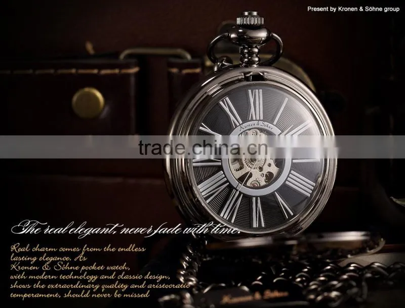 KS Antique Black Skeleton Dial Analog Hand Wind Men FOB Mechanical Pocket Watch